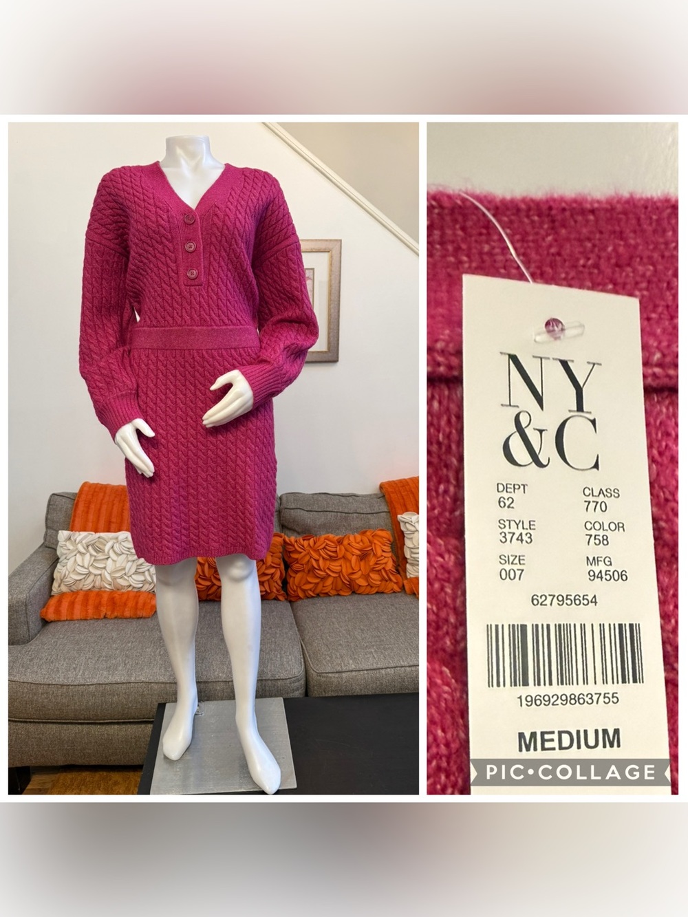 NWT NY&C New York & Company Pink Cable Knit Sweater Dress Style# 3743